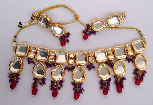 Joban Fashion Purple & Red Kundan Work Necklace Set