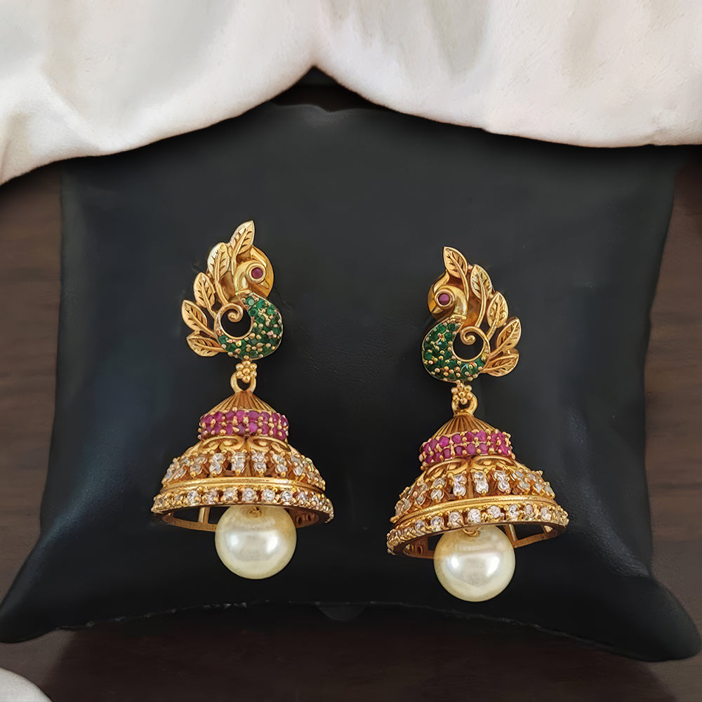 JS Fashion Kemp Jewellery Matte Gold Polish Peacock Design Kemp Jhumka Earrings