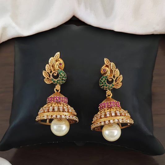 JS Fashion Kemp Jewellery Matte Gold Polish Peacock Design Kemp Jhumka Earrings