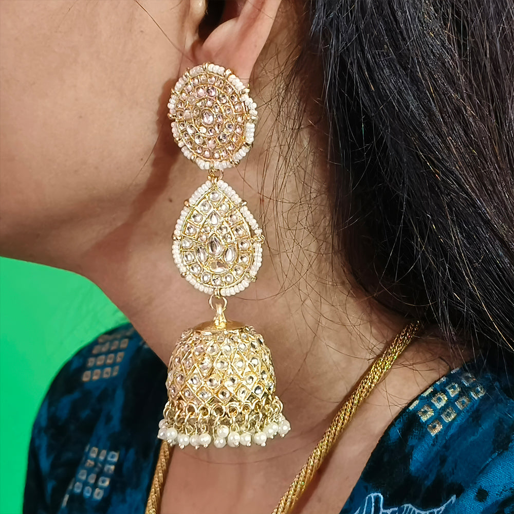JS Fashion Antique High Gold Earrings with Clustered Pearls & Full Stones – Elegant Party Wear Jewelry for Women