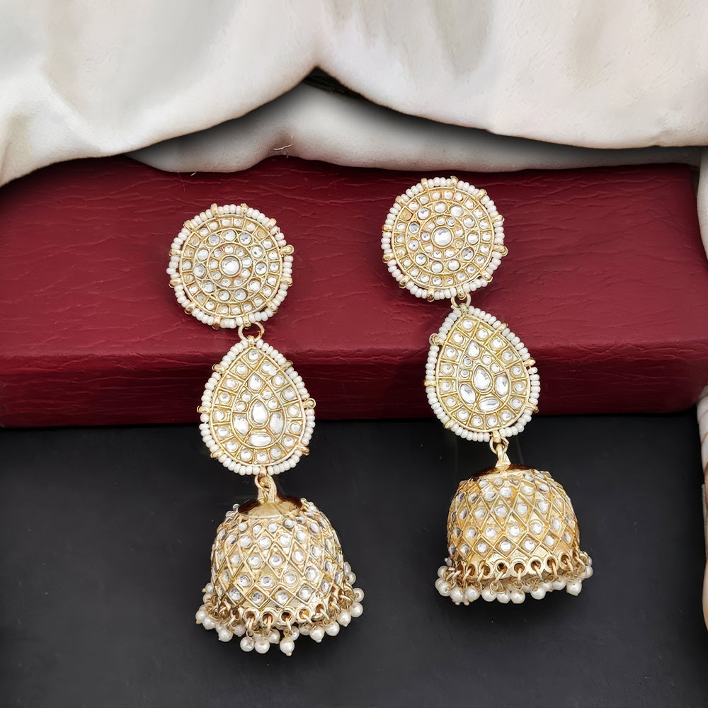 JS Fashion Antique High Gold Earrings with Clustered Pearls & Full Stones – Elegant Party Wear Jewelry for Women