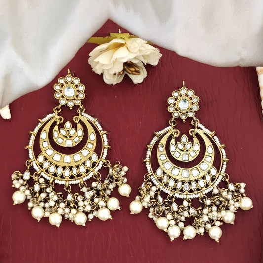 JS Fashion Elegant Long Polki Earrings with Clustered Pearls & Full Stones – Beautiful Fancy Party Wear Jewelry for Women