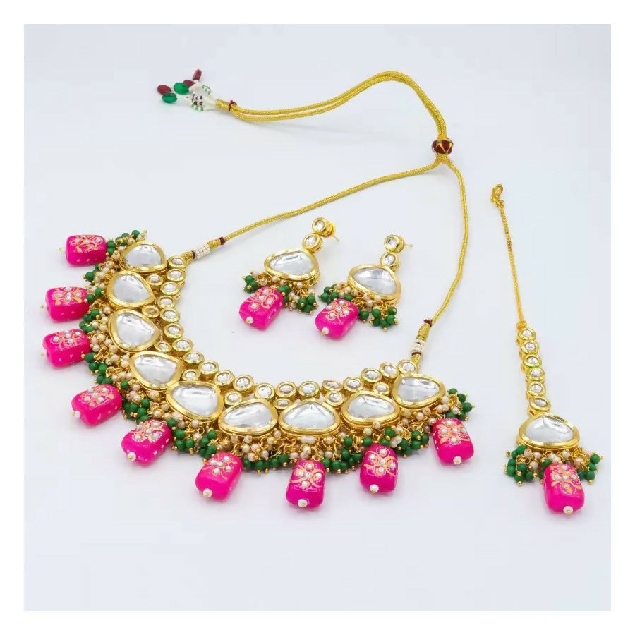 Joban Fashion Pink Kundan Work Necklace Set