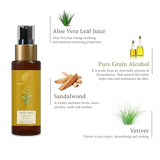 Forest Essentials Fragrant Body Mist Sandalwood & Vetiver | Aloe Vera juice infused Perfume Spray to keep Skin Scented & Hydrated Through the Day
