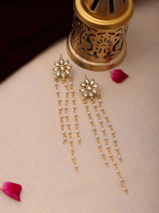 Ruby Raang Gold Long Kundan & Pearl Dangler Earrings