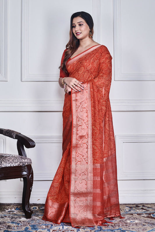 Morchari Red Script Printed Orzanga Saree Unstitched Blouse