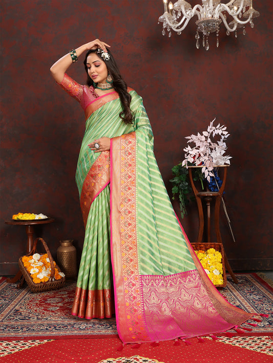 Lorenvalley Fashion Green Organza Silk Woven Design with Rich Meenakari Weaving Pallu Saree