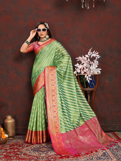 Lorenvalley Fashion Green Organza Silk Woven Design with Rich Meenakari Weaving Pallu Saree
