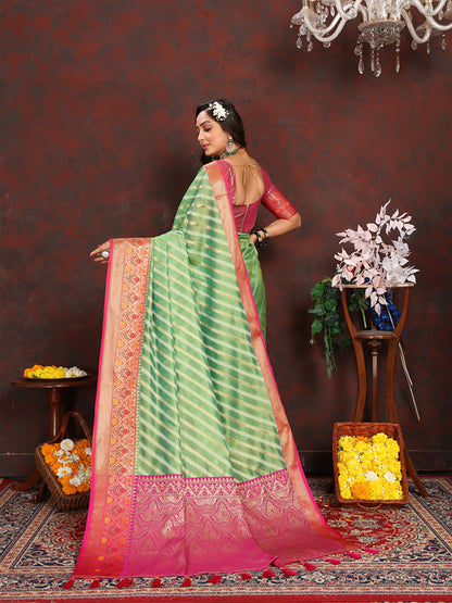 Lorenvalley Fashion Green Organza Silk Woven Design with Rich Meenakari Weaving Pallu Saree