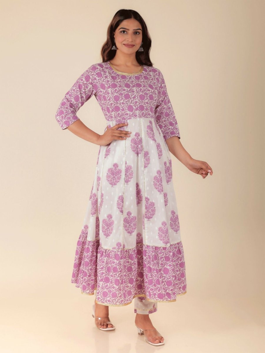 Aramya Anarkali Soft Cotton Floral Print Women's Kurta Set - White