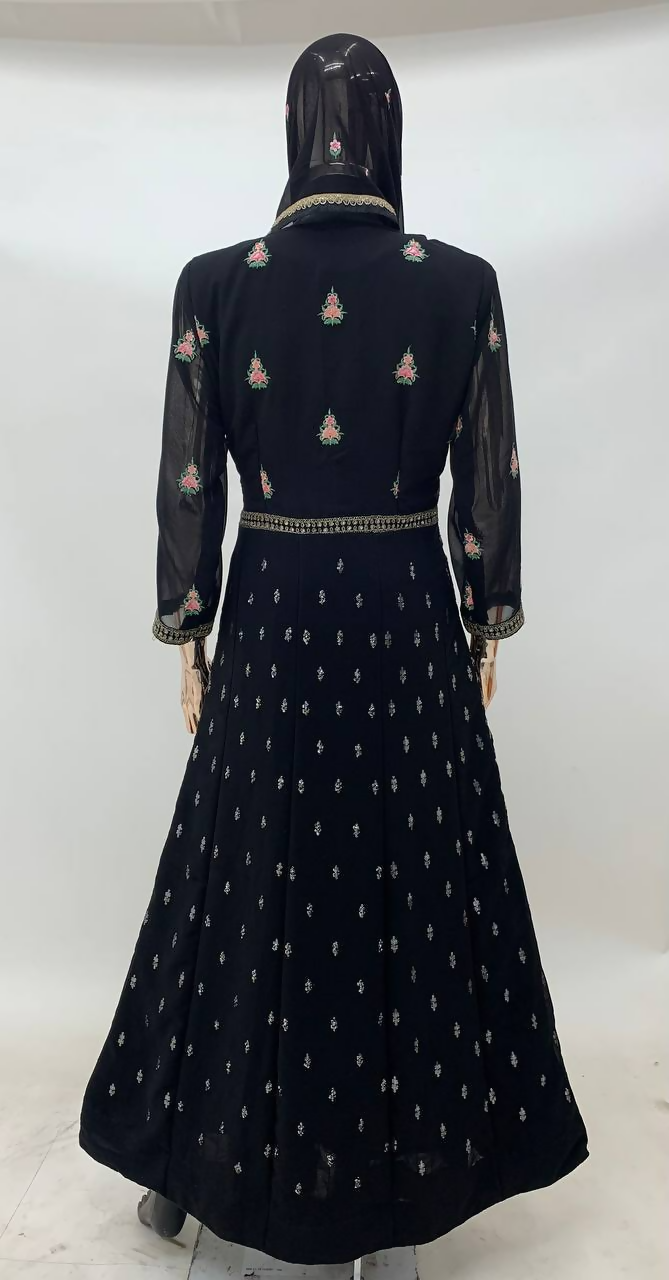Lorenvalley Fashion Black Faux Georgette Embroidery Work Gown Jacket Stitched
