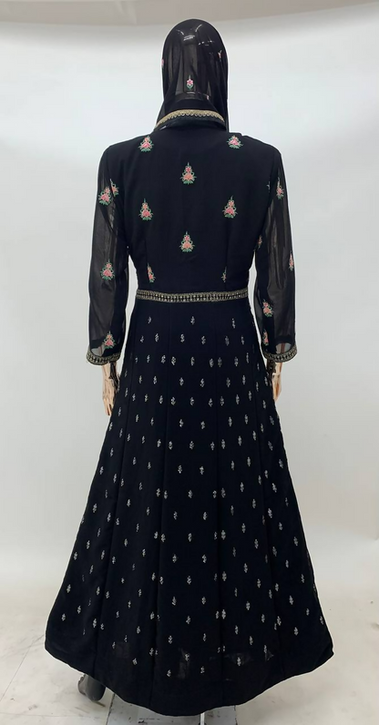 Lorenvalley Fashion Black Faux Georgette Embroidery Work Gown Jacket Stitched