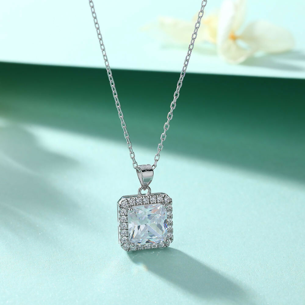 Cauer Radiant Moissanite Pendant Necklace in 925 Sterling Silver, White Gold Plated