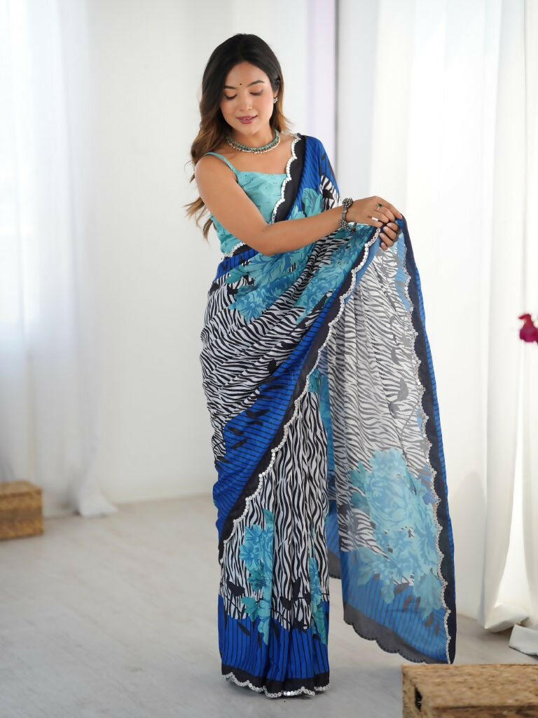 Blue Chinon Designer Digital Printed,Mirror Cut Work Saree - Manvika