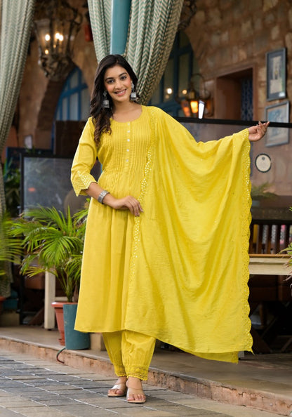 Juniper Women's Yellow Mirror Embroidered Liva Rayon Kurta Pant And Dupatta Set With Lace & Button Detail