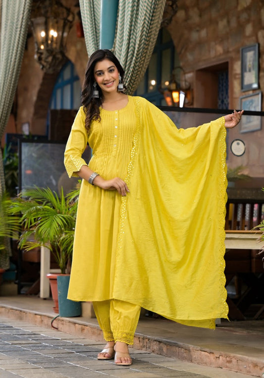 Juniper Women's Yellow Mirror Embroidered Liva Rayon Kurta Pant And Dupatta Set With Lace & Button Detail