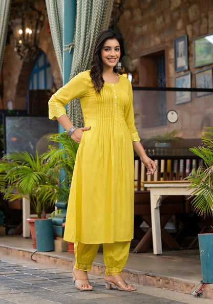 Juniper Women's Yellow Mirror Embroidered Liva Rayon Kurta Pant And Dupatta Set With Lace & Button Detail