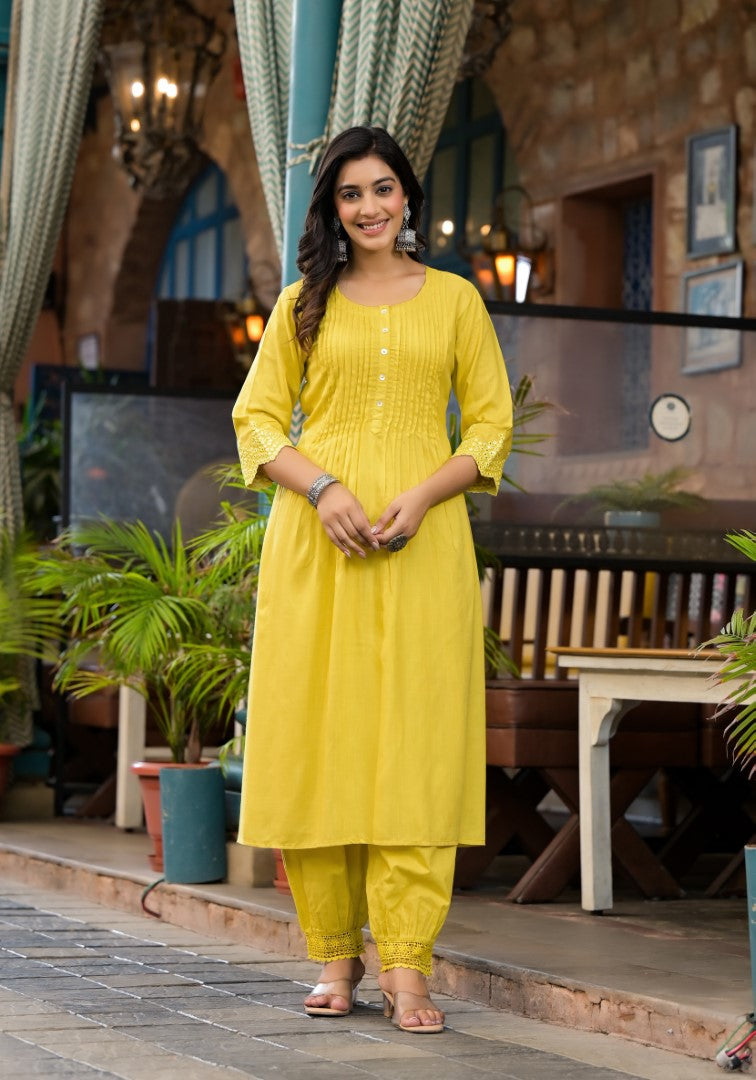 Juniper Women's Yellow Mirror Embroidered Liva Rayon Kurta Pant And Dupatta Set With Lace & Button Detail