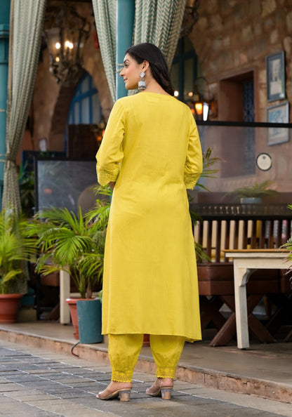 Juniper Women's Yellow Mirror Embroidered Liva Rayon Kurta Pant And Dupatta Set With Lace & Button Detail