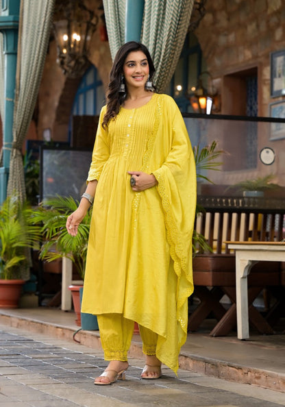 Juniper Women's Yellow Mirror Embroidered Liva Rayon Kurta Pant And Dupatta Set With Lace & Button Detail