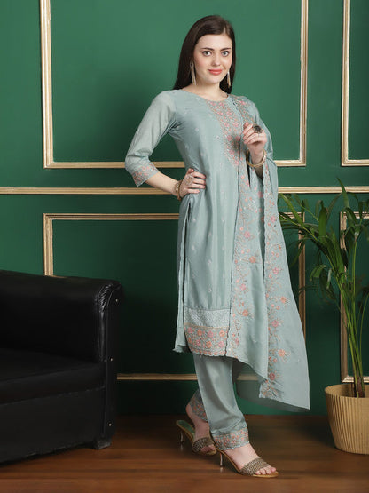 Jyoti Fashion Women's Turquoise Chinon Chiffon Floral Embroidery with Cording & Crystal Work Designer Straight Suit Set