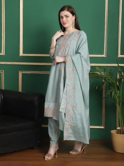 Jyoti Fashion Women's Turquoise Chinon Chiffon Floral Embroidery with Cording & Crystal Work Designer Straight Suit Set