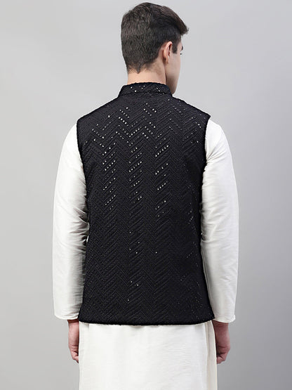 Jompers Men's Sequins Embroidered Rayon Nehru Jacket - Black