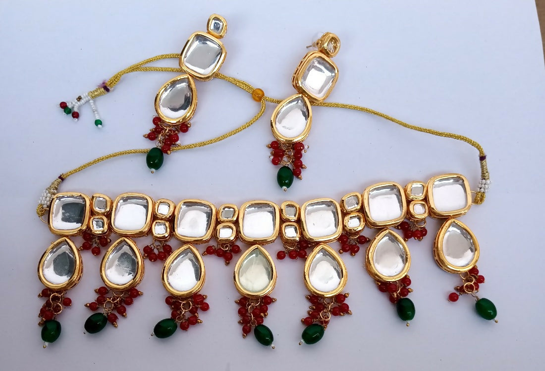 Joban Fashion Red & Green Kundan Work Necklace Set