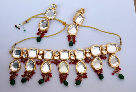 Joban Fashion Red & Green Kundan Work Necklace Set