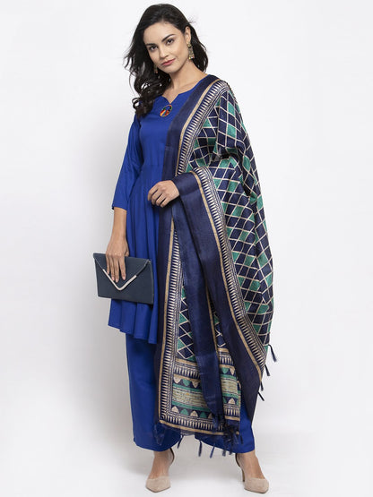 Jompers Women Royal-Blue Solid Kurta with Palazzos & Art-Silk Printed Dupatta
