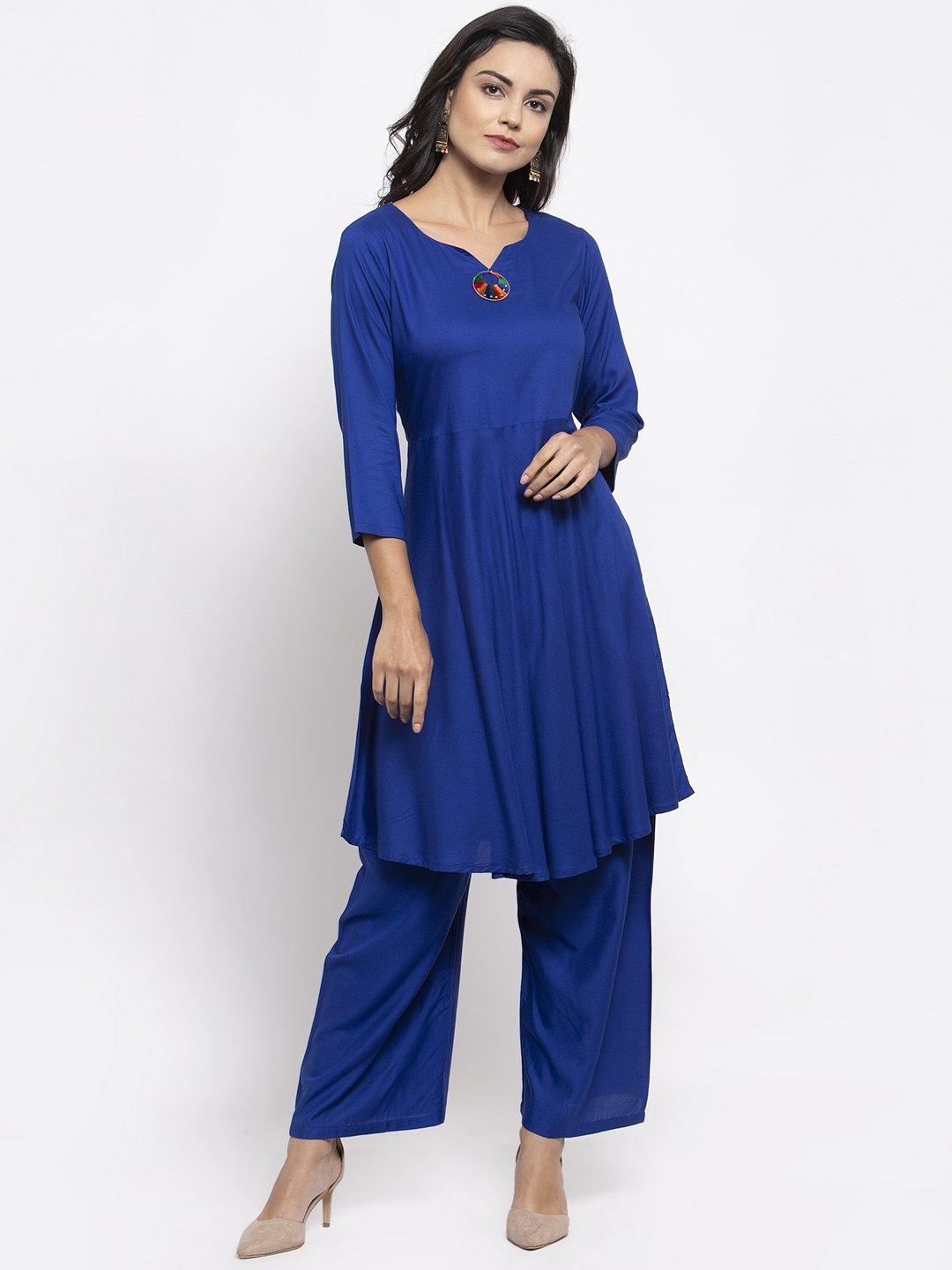 Jompers Women Royal-Blue Solid Kurta with Palazzos & Art-Silk Printed Dupatta