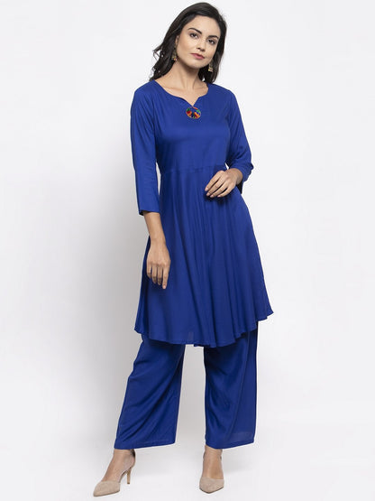 Jompers Women Royal-Blue Solid Kurta with Palazzos & Art-Silk Printed Dupatta
