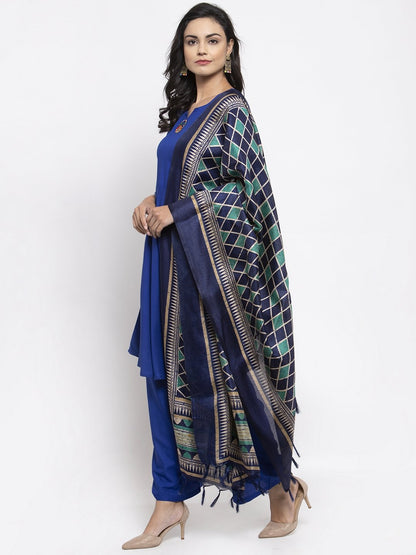 Jompers Women Royal-Blue Solid Kurta with Palazzos & Art-Silk Printed Dupatta