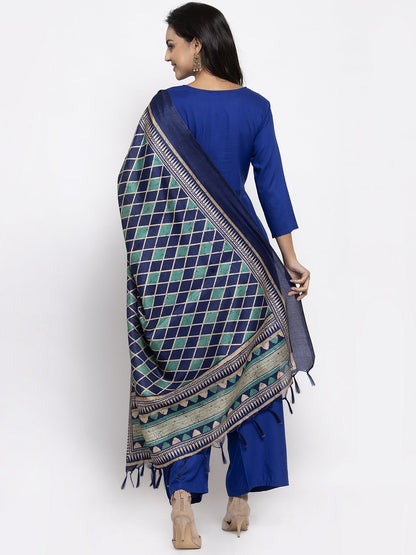 Jompers Women Royal-Blue Solid Kurta with Palazzos & Art-Silk Printed Dupatta