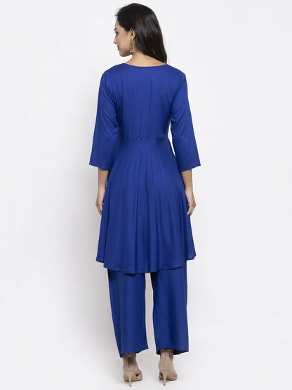 Jompers Women Royal-Blue Solid Kurta with Palazzos & Art-Silk Printed Dupatta
