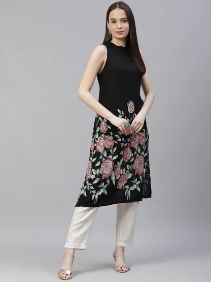 Jompers Women's Black Floral Printed Floral Kurta