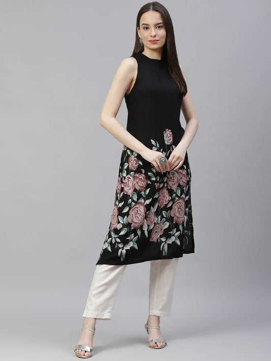 Jompers Women's Black Floral Printed Floral Kurta