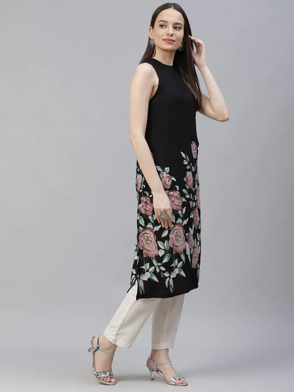 Jompers Women's Black Floral Printed Floral Kurta