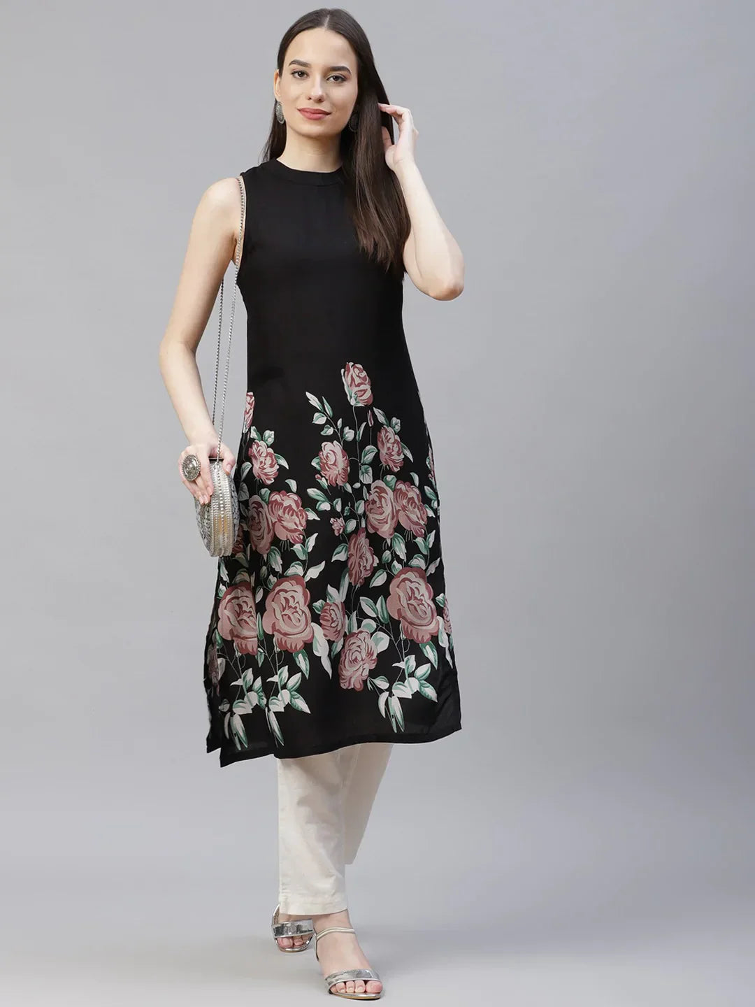 Jompers Women's Black Floral Printed Floral Kurta