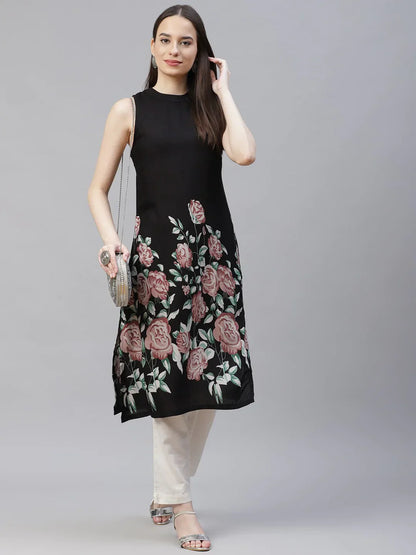 Jompers Women's Black Floral Printed Floral Kurta