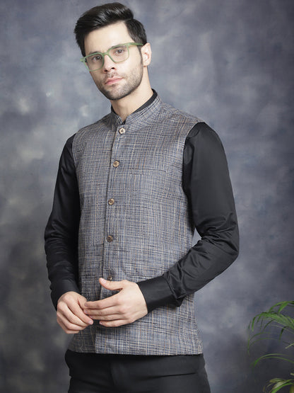 Jompers Men's Woven Design Nehru Jacket - Charcoal
