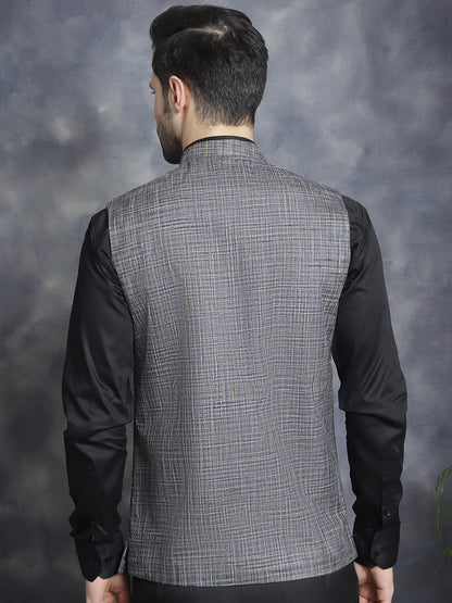 Jompers Men's Woven Design Nehru Jacket - Charcoal