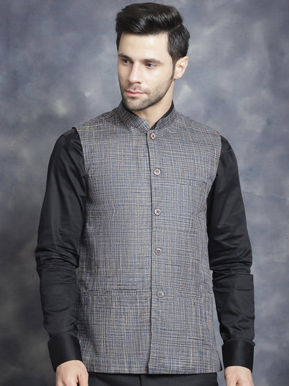 Jompers Men's Woven Design Nehru Jacket - Charcoal