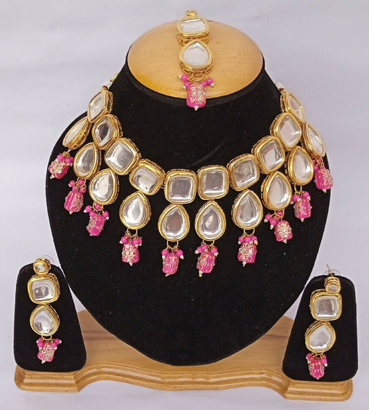 Joban Fashion Pink Kundan Work Necklace Set