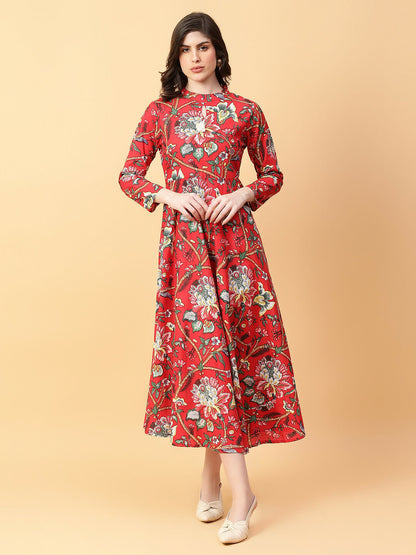Joban Fashion Red Cotton Printed & Hand Work Dress