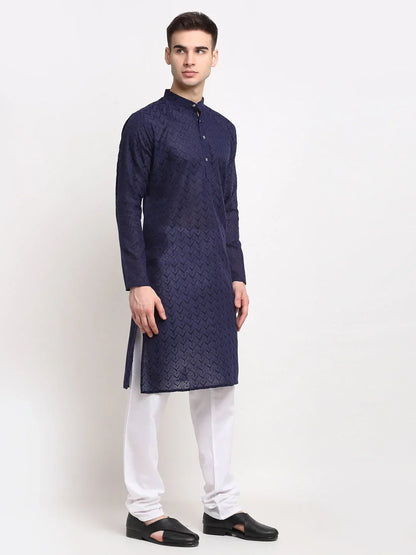 Jompers Men's Navy Blue Chikan Kurta Only
