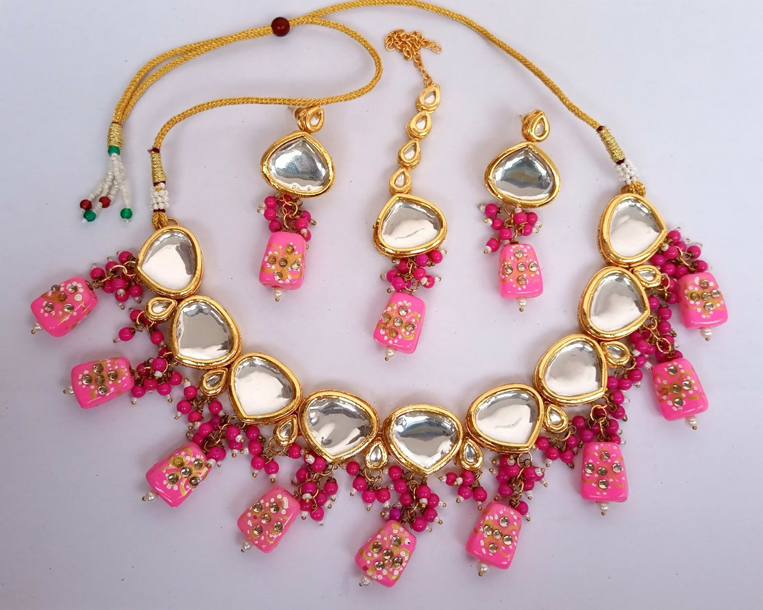 Joban Fashion Pink Kundan Work Necklace Set