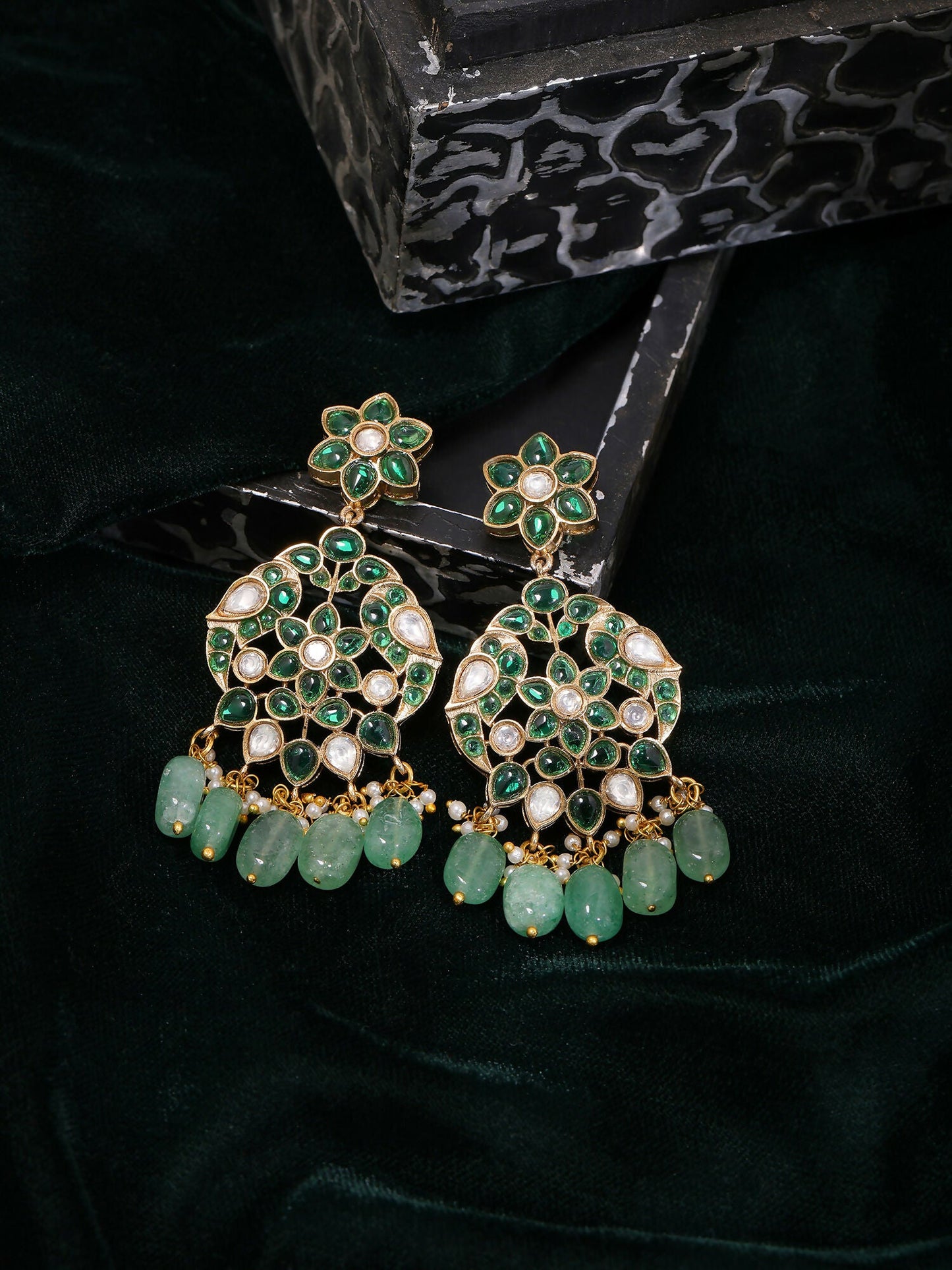 Ruby Raang Gold Polished Green Kundan Earrings