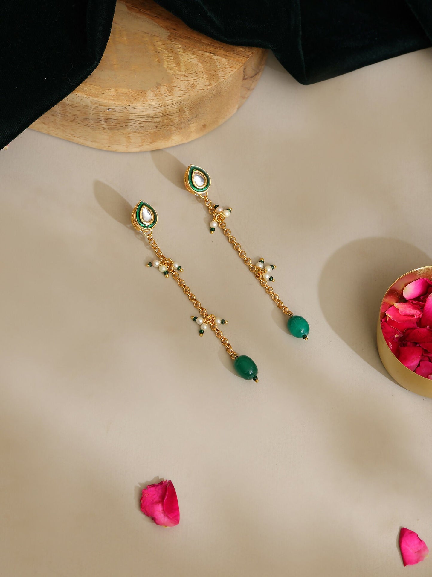 Ruby Raang Green Long Kundan Dangler Earrings