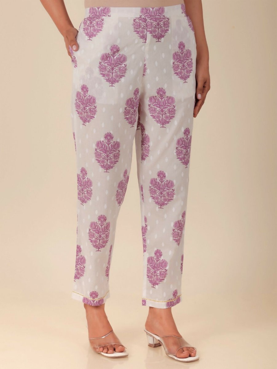 Aramya Anarkali Soft Cotton Floral Print Women's Kurta Set - White